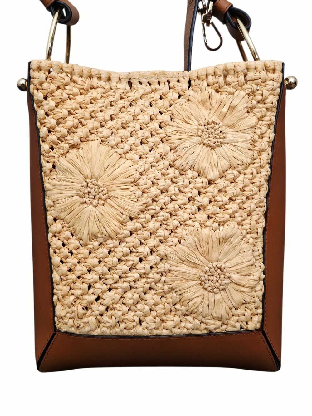 Strathberry Lana Midi Bucket Bag Raffia Leather Woven Floral Shoulder - Picture 6 of 10